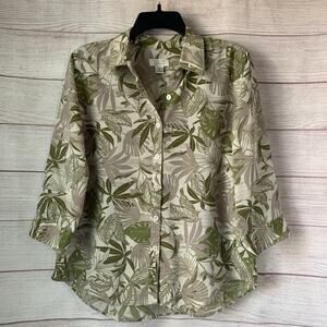 Christopher & Banks Taupe and Green Tropical Leaf Button Down Shirt Size M